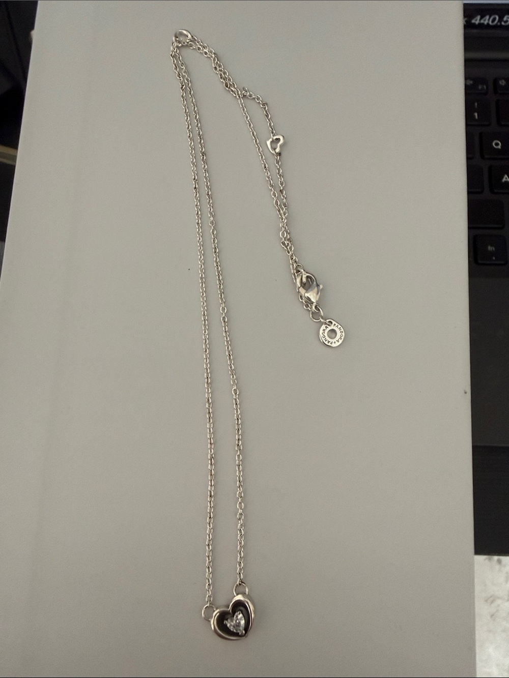 Pandora Silver Heart Pendant Necklace with Clear Stone 16”-18”